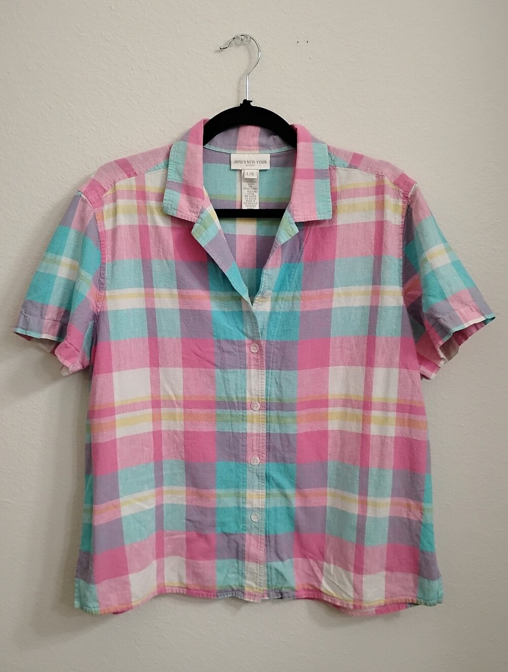 Jones New York Linen Cotton Preppy Vintage Plaid Pastel Button-Down Shirt